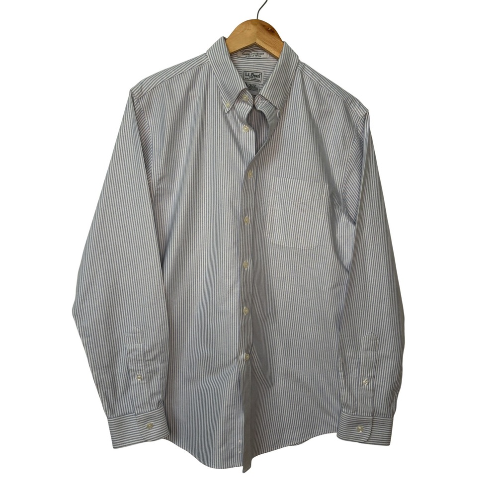 LL Bean Mens Pinstripe Button Down Shirt Blue White Wrinkle Resistant‎ 15.5-34